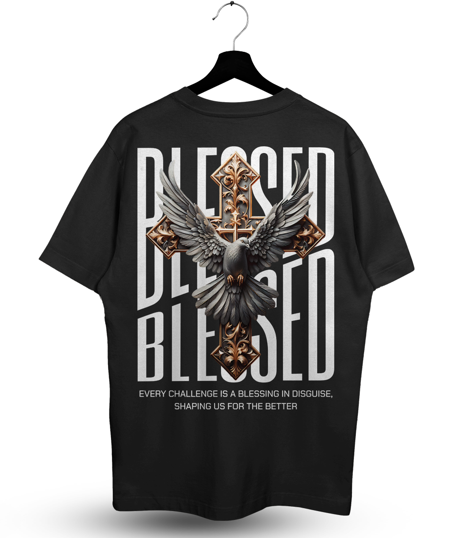 Camiseta Oversized Plus Size Cristã Masculina — Blessed Cruz Pomba da Paz