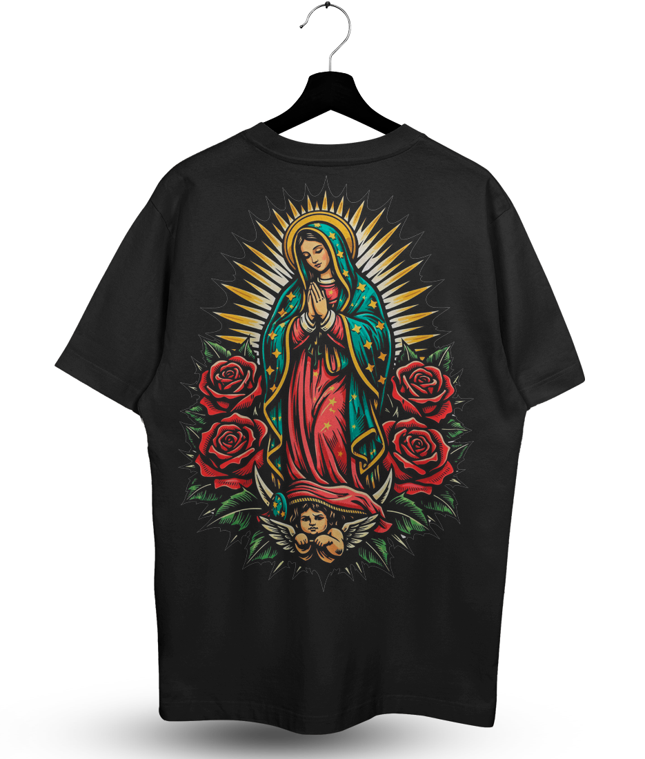 Camiseta Oversized Plus Size Cristã Masculina — Nossa Senhora de Guadalupe Rosas