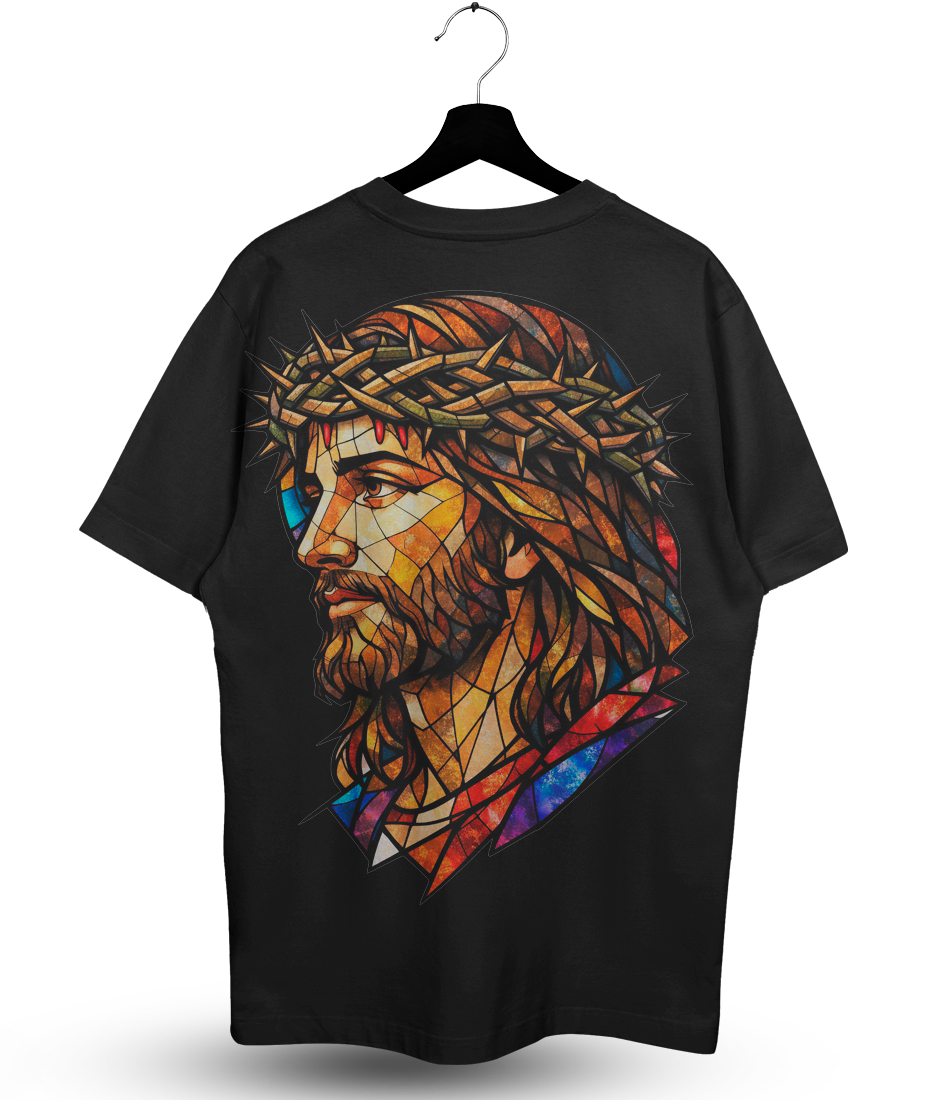 Camiseta Oversized Plus Size Cristã Masculina — Jesus Cristo Coroa de Espinhos Vitral