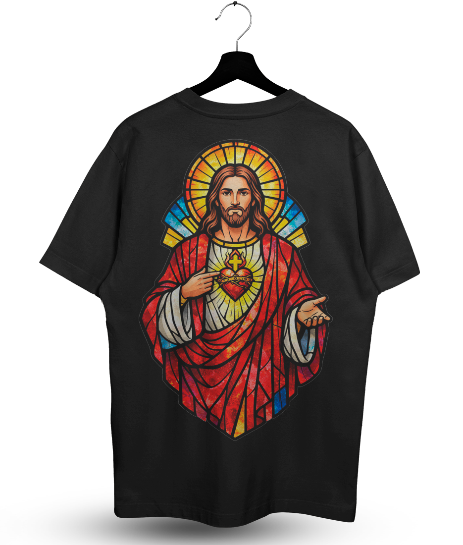 Camiseta Oversized Plus Size Cristã Masculina — Sagrado Coração de Jesus Vitral